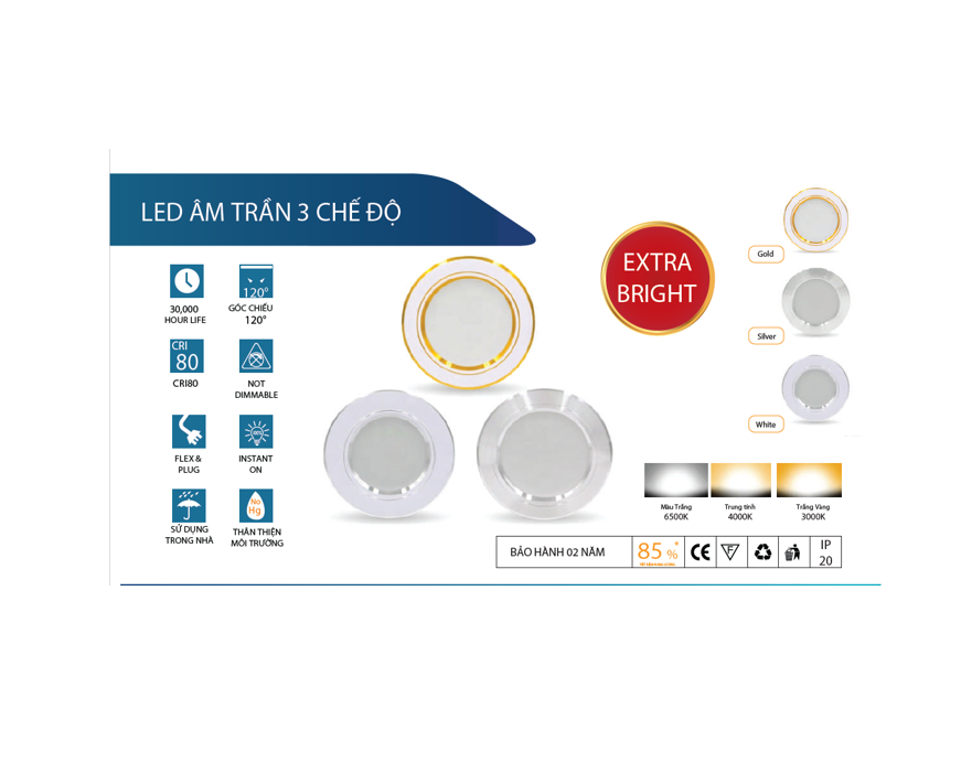 Led Asia Pacific - 9W, 3 chế độ ánh sáng, âm trần.