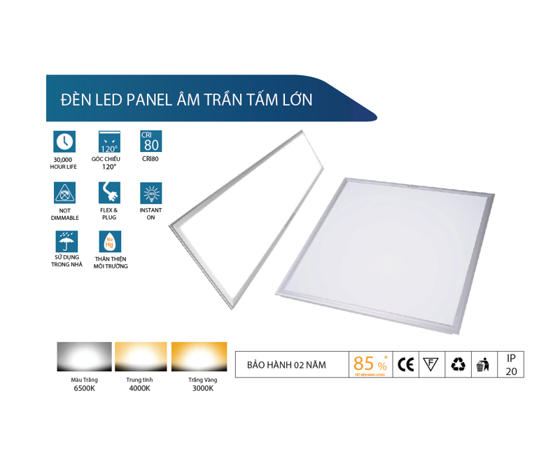 Led Asia Pacific Panel chữ nhật tấm lớn - 48W, ánh sáng đơn, âm trần.